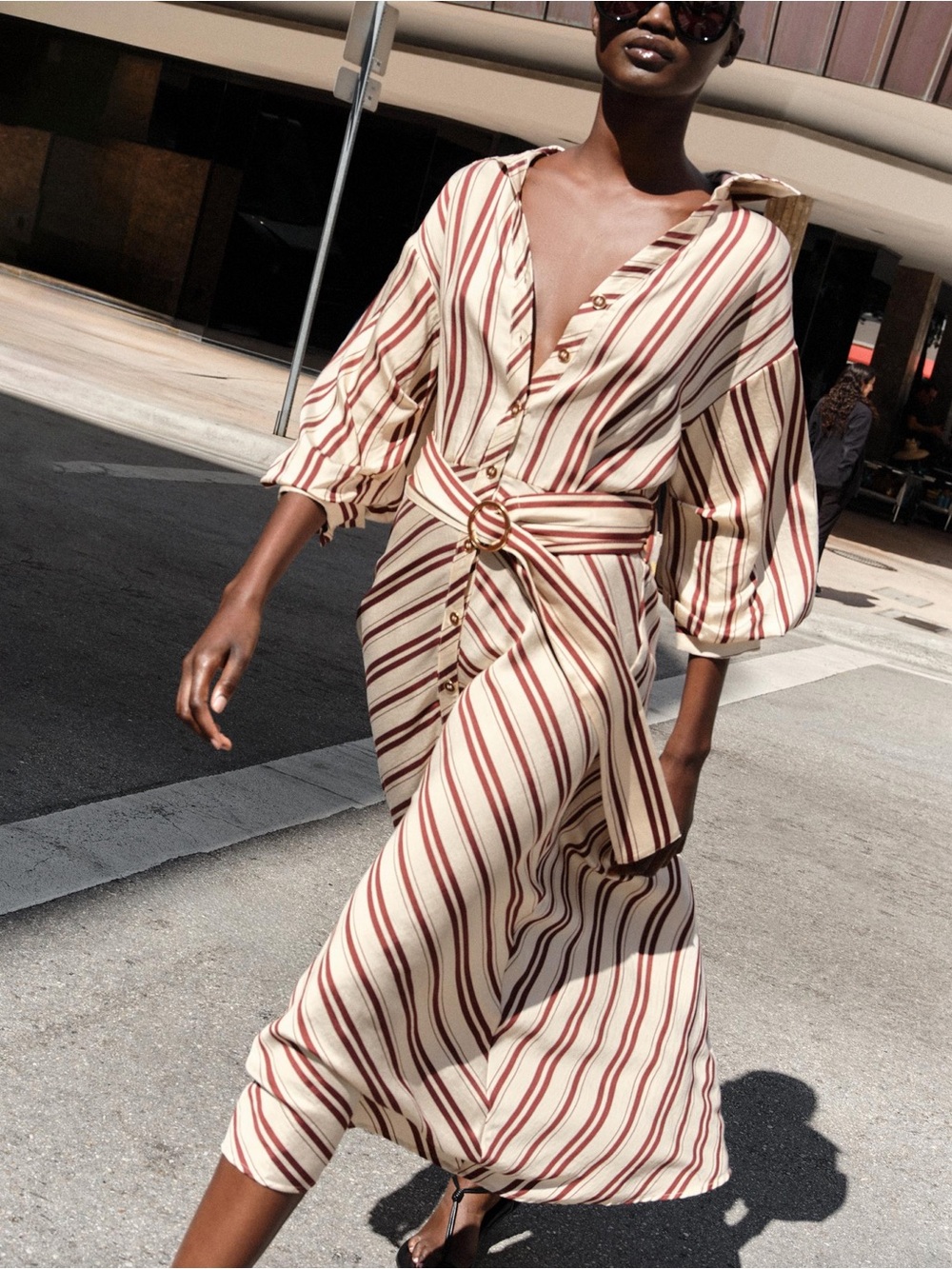 Zara Striped Belted Midi Dress Size L NWT